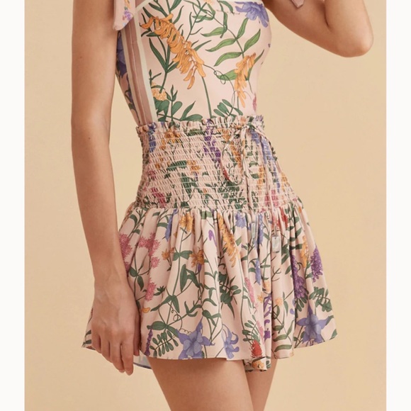 Other - Retro Pink Floral Shirred High Waist Drawstring Beach Skirt